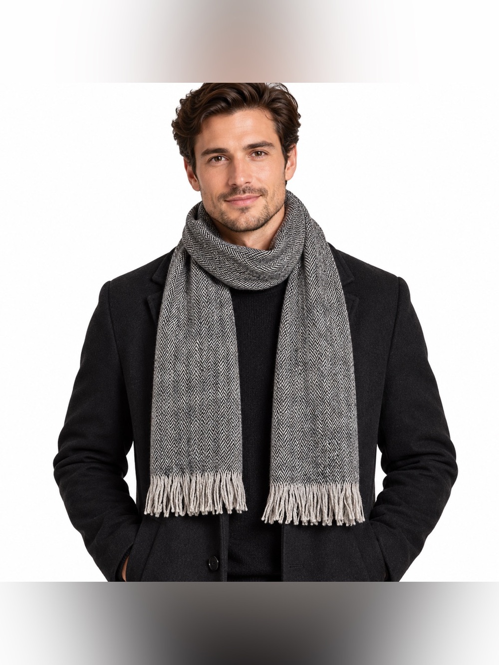 Pierre Cardin 100% Wool Herringbone Fine Muffler Scarf Gray Black Fringe 48"